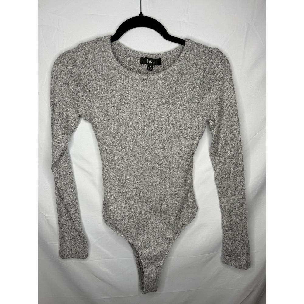 Lulus Soft Knit Bodysuit Ribbed Gray Long Sleeve Crew Neck Cutout Cozy M Medium